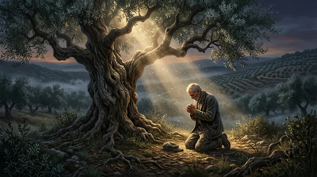 Farmer kneeling under a tree in prayer — pure motives before God