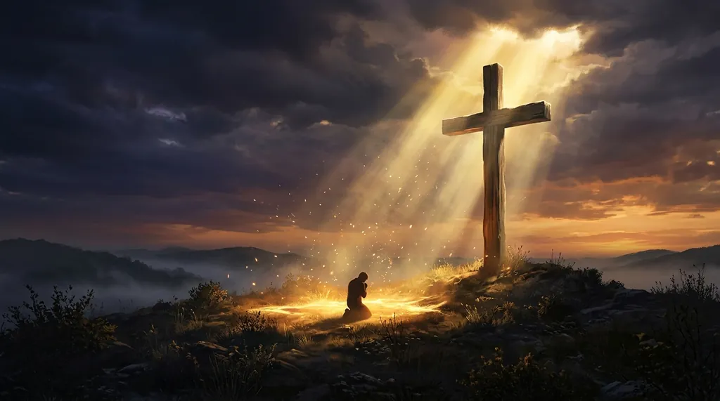 Person kneeling before a wooden cross — forgiveness that sets free