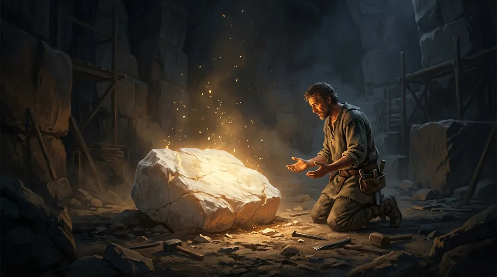 Construction worker kneeling before the light — obedience to God's voice