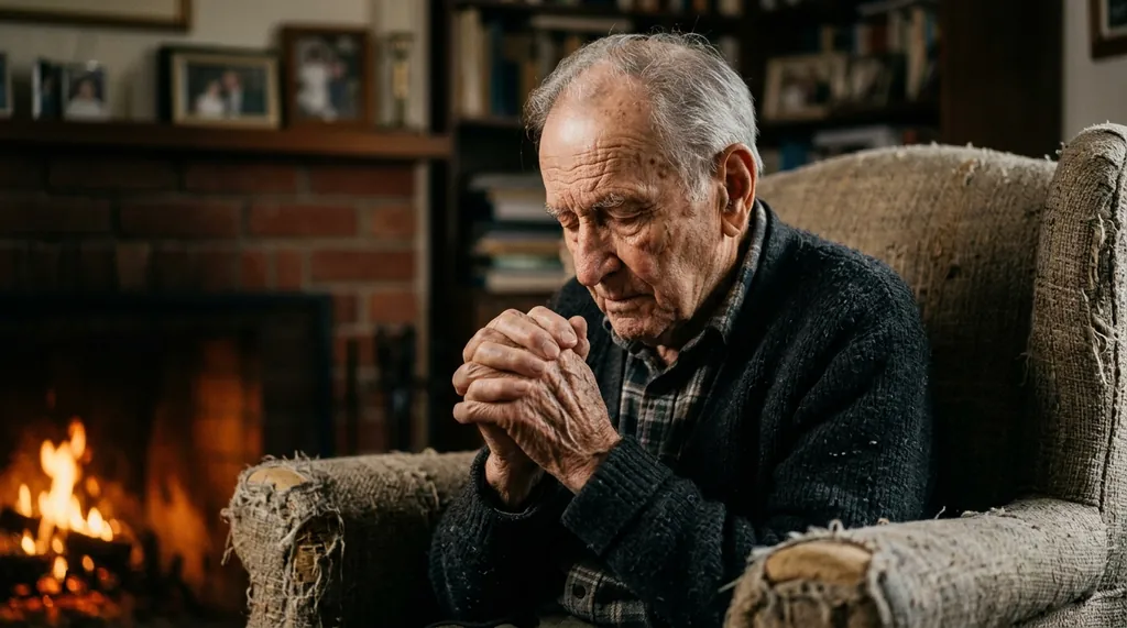 Elderly man praying by the fireplace — moments of silence before God