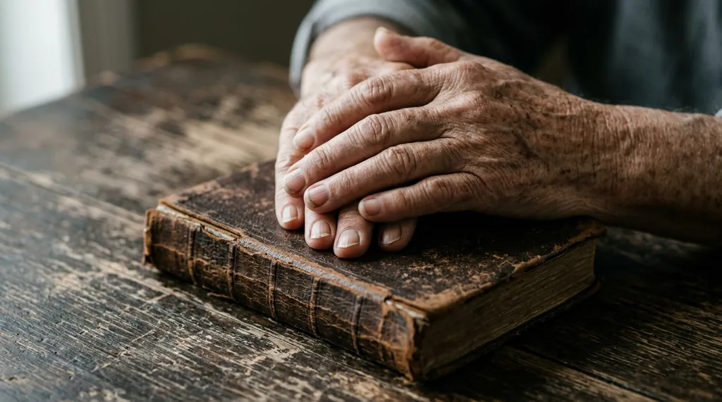 Elderly hands holding a worn Bible — confession and repentance