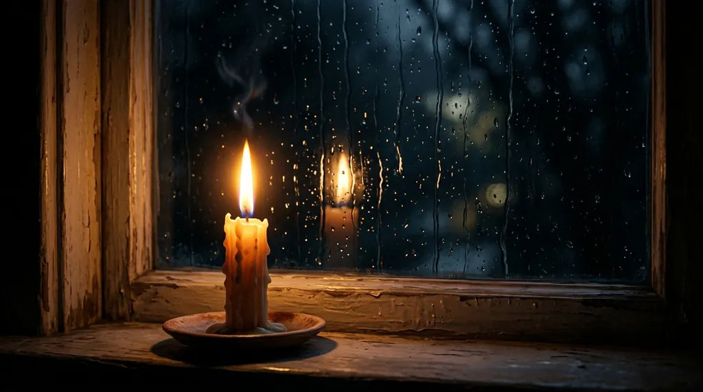 Candle lit by a window at night — prayer in the early hours
